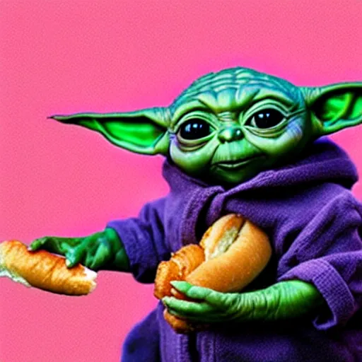 Image similar to hyper realistic baby Yoda eating hot-dog,detalied,