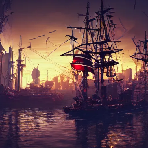 Image similar to high quality photo of a pirate ship in a cyberpunk cyberpunk cyberpunk city, realism, 8k, award winning photo