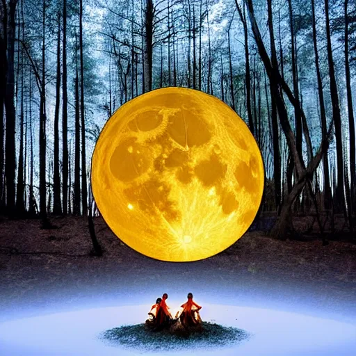 Image similar to Shamanistic ritual being performed in a clearing the middle of the woods. A full moon is in the sky. A scrying mirror is in the middle of the circle. Ornate costumes are worn by the participants. Digital art.