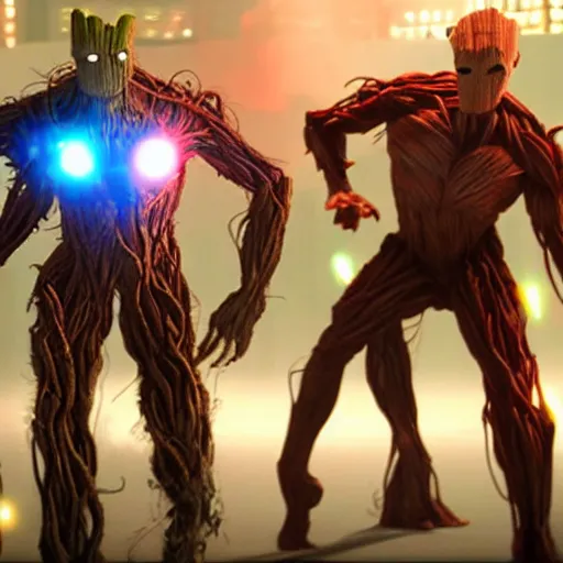 Image similar to groot and optimus prime dancing at techno party among people, wide shoot, after effect, ultra realistic