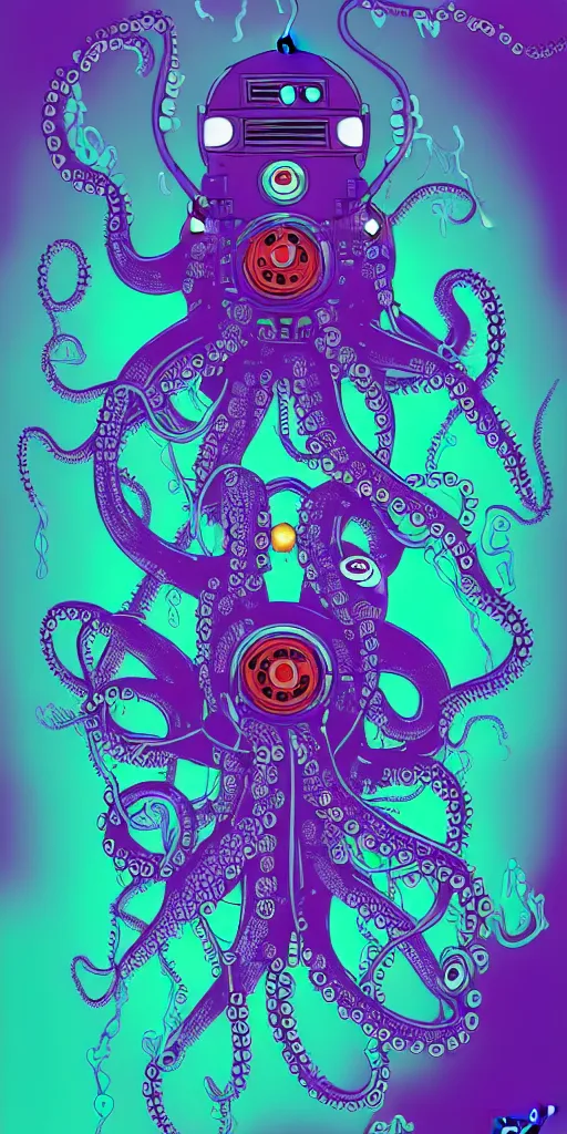 Image similar to robotic cyberpunk octopus by miyazaki, blue green purple color palette, symmetrical poster illustration, kenneth blom, mental alchemy, james jean, pablo amaringo, naudline pierre, contemporary art, hyper detailed