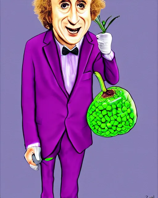 Image similar to gene wilder as the eggplant man, holding an eggplant, digital art