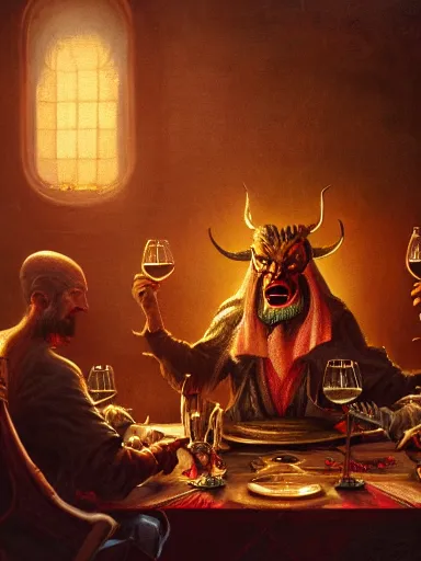 Prompt: satan, lucifer, beelzebub, mephistophelesdrinking wine a table in hell. intricate, elegant, highly detailed, digital painting, artstation, concept art, sharp focus, illustration, by justin gerard and artgerm, 8 k