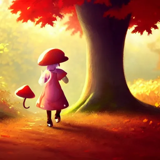 Image similar to collecting mushrooms ilustration a beautiful little girl smiling, walking calmly through an autumn forest, style by goro fujita, character art, sharp focus, highly detailed, artstation