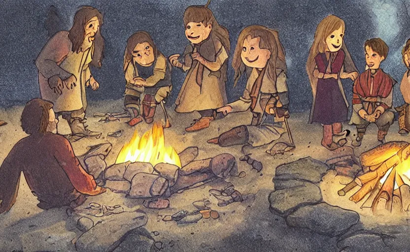 Image similar to childrens book illustration of the fellowship of the ring making s'mores around a campfire