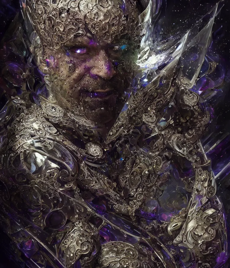 Image similar to front!!! shot of a court jester!!! character, mesmerizing fractal hypercubes, platinum cracked, dark holography!!!, future, metallic galactic, crystalline edges, polygonal, elegant, highly detailed, centered, (((artstation, concept art, jagged, sharp focus, artgerm, Tomasz Alen Kopera, Peter Mohrbacher, donato giancola, Joseph Christian Leyendecker, WLOP, Boris Vallejo))), ((raytracing)), mugshot!!!!!, ugly!!!!!!, octane render, nvidia raytracing demo, octane render, nvidia raytracing demo, octane render, nvidia raytracing demo, 8K, cinematic, masterpiece, fine portrait