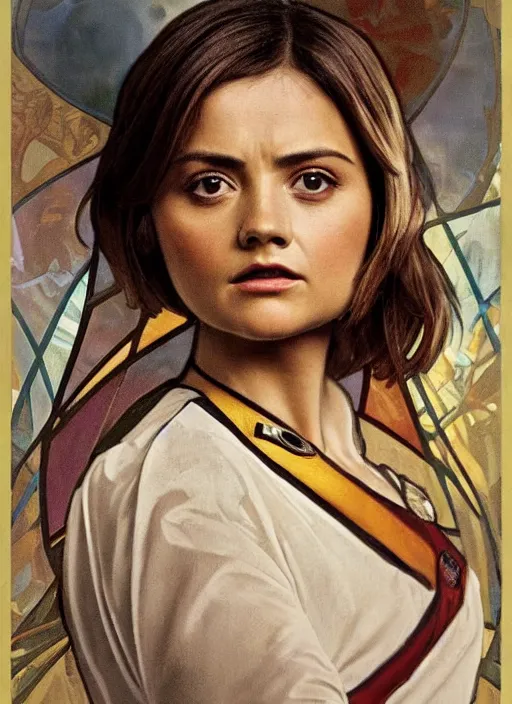 Prompt: jenna coleman as a star trek captain, a still from star trek painted by alphonse mucha. clear highly detailed face, beautiful sci fi art