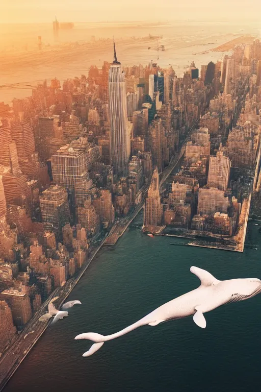 Prompt: a whale flying above new york city, superwide angle, redscale photography, dramatic lighting, photorealistic, cinematic lighting, high detail, cinematic feel, high octane, 4 k, unreal engine, digital render, intricate, ultra realistic, concept art