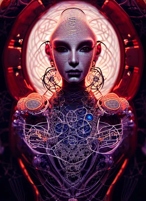 Prompt: portrait of an absurdly beautiful, graceful, sophisticated, fashionable cyberpunk mechanoid, hyperdetailed illustration by irakli nadar and alexandre ferra, volumetric lighting, celtic fantasy art, psychedelic, intricate, hyper detailed, smooth, vibrant aura, intricate linework, white porcelain skin, faberge, coral