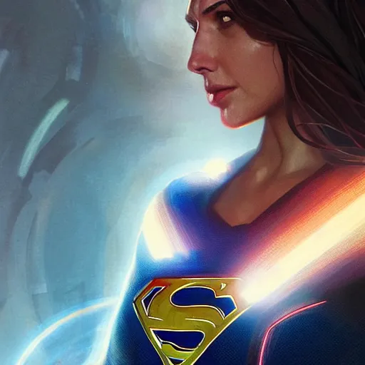 Prompt: Gal Gadot as Supergirl, intricate, highly detailed, digital painting, artstation, concept art, sharp focus, illustration, art by greg rutkowski and alphonse mucha