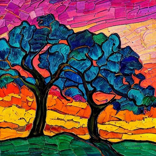 Prompt: a painting of a tree in the sunset, a gouache by Erin Hanson, deviantart, neo-fauvism, fauvism, impressionism, vivid colors