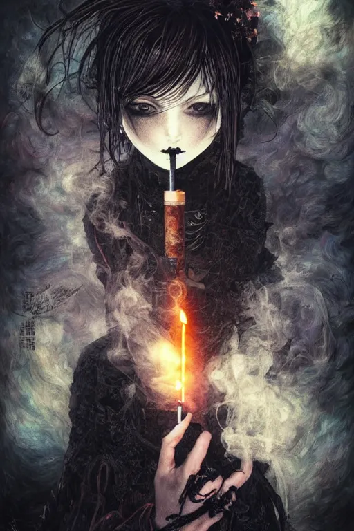 Image similar to Gothic girl smoking a cigarette, dark background. digital art. amazing quality. perfect lighting. Professional design. Great composition. by Ayami Kojima and Tomoyuki Yamasaki and Tsutomu Nihei, octane render, award winning art. impressive colors. trending on artstation. James Ensor style