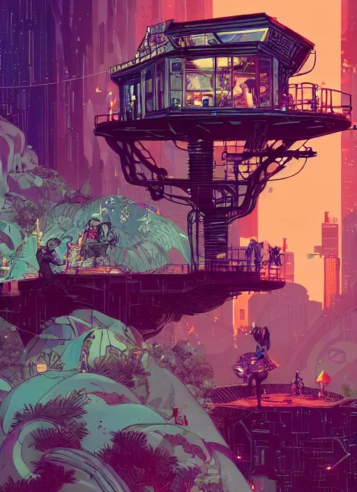 Image similar to explorer with cyberpunk headpiece playing video games in his treehouse, highly detailed, 4 k, midnight, by victo ngai and james gilleard, moebius, laurie greasley, adventure time colour palette