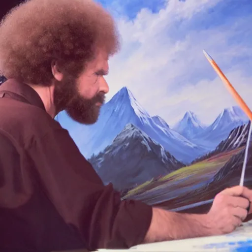 Image similar to a closeup photorealistic photograph of bob ross working on a canvas painting of darth vader. film still. brightly lit scene. mountains and trees. this 4 k hd image is trending on artstation, featured on behance, well - rendered, extra crisp, features intricate detail, epic composition and the style of unreal engine.