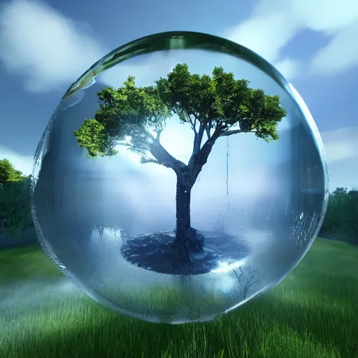 Prompt: one giant water bubble carrying the tree of live, make the water bubble slightly bigger. Change the ground to grass fantasy, LOTR of style, unreal engine, 8K