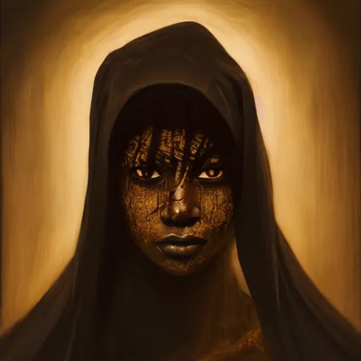 Image similar to a portrait of a young black woman wearing a long dark cloak, hood and shadows covering face, anatomically correct, beautiful perfect face, enigmatic, oil painting, matte painting, black background, Volumetric Golden dappled dynamic lighting, Highly Detailed, Cinematic Lighting, Unreal Engine, 8k, HD, by Beksinski