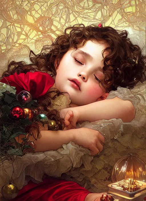 Prompt: little girl with short wavy curly hair, asleep at christmas. surrounded by gifts. high quality detailed face. beautiful painting by artgerm and greg rutkowski and alphonse mucha