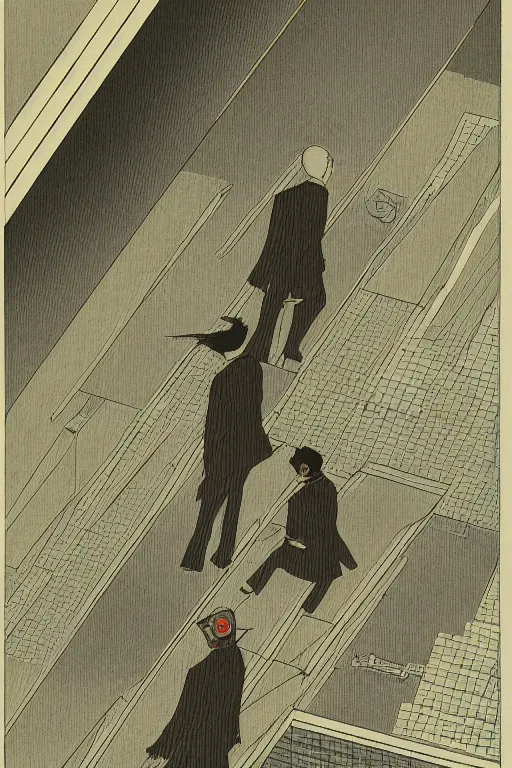 Image similar to tatsuki fujimoto illustration, two men standing at the edge of reality, dynamic perspective, intricate scenery, y 2 k, unknown