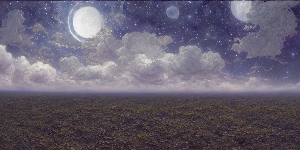 Prompt: the cloudy moonlit sky, landscape art by donato giancola and greg rutkowski, digital art, trending on artstation, symmetry!!, volumetric lighting, hdr, starry night