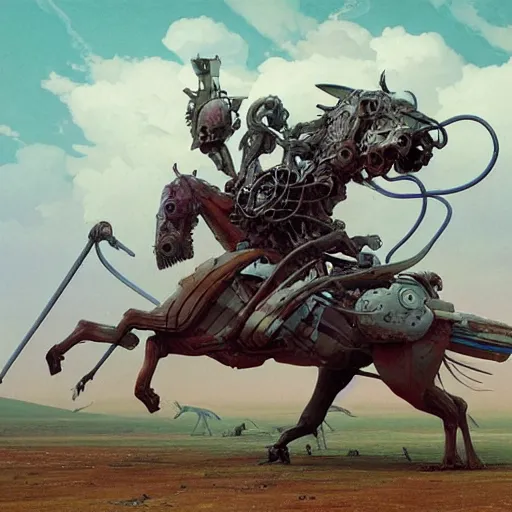 Image similar to carnivorous cyborg horses galloping across a blasted plain. c. leyendecker, simon stalenhag, studio ghibli, barlowe, audobon and beksinski