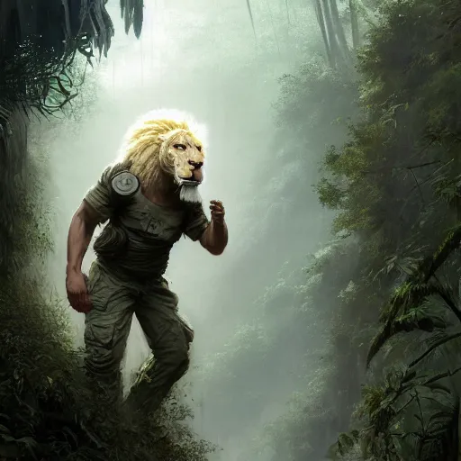 Image similar to commission portrait of a male anthro albino lion,wearing cargo pants and a boack t-shirt,going through a jungle cautiously.dramatic,character design by charles bowater,greg rutkowski,ross tran,hyperdetailed,hyperrealistic,4k,deviantart,artstation,professional photography,concept art