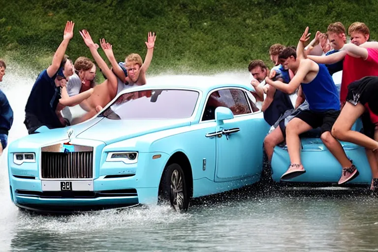 Prompt: Group of teenagers push Rolls-Royce into lake with their hands from a small slide