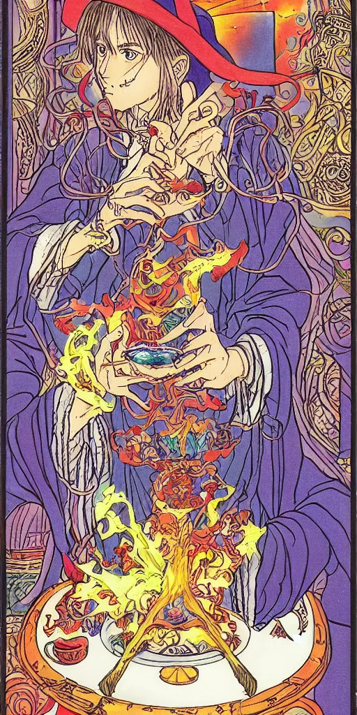 Image similar to a mystical man with a goblet on the table, wizard hat, drawn by Naoko Takeuchi, impressive line work, tarot card. tarot card the magician, psychedelic, intricate