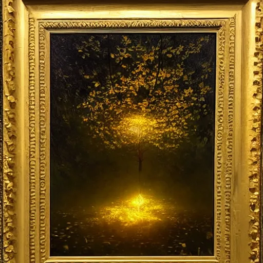 Image similar to tree with golden glowing leaves that grows upside down from the ceiling of an underground cave, oil painting, by greg rutkowski