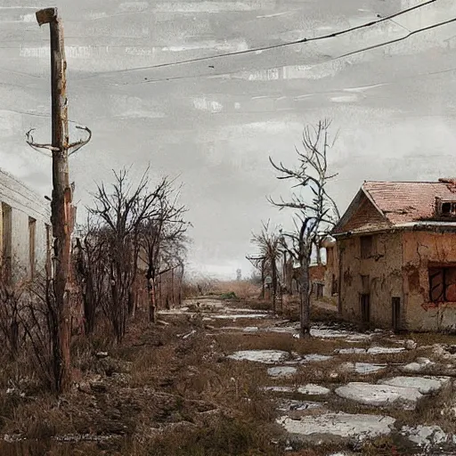 Image similar to painting of a abandoned post soviet town infested with humanoid root monsters by jakub rozalski