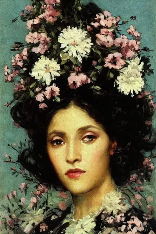 Image similar to close - up fashion black woman portrait airy flowers clouds art by vasnetsov