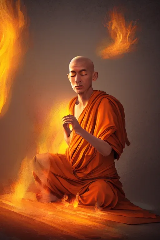 Image similar to A single monk meditating in fire by Afshar Petros, Trending on artstation.