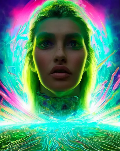 Image similar to a powerful energy psychedelic woman, by alexander fedosav, hyper detailed digital matte painting, concept art, hyperrealism, 1 6 k resolution, cinema 4 d, 8 k resolution, trending on artstation, behance hd, a masterpiece, by stephan martiniere, particles, cel - shaded, power bright neon energy, by david a. hardy,