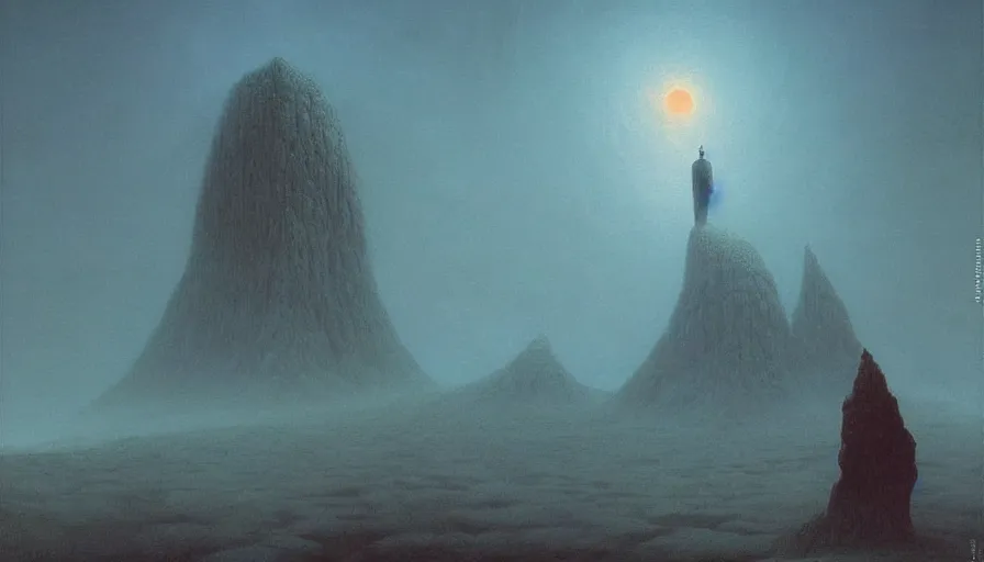 Prompt: mysterious giant on a distant planet by zdzislaw beksinski and anato finnstark, vivid, fine details, atmospheric, masterpiece