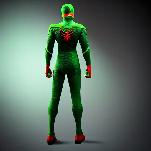 Image similar to green spider - man suit with black web lining, cinematic, volumetric lighting, realistic, hyperdetailed, photorealistic, photograph