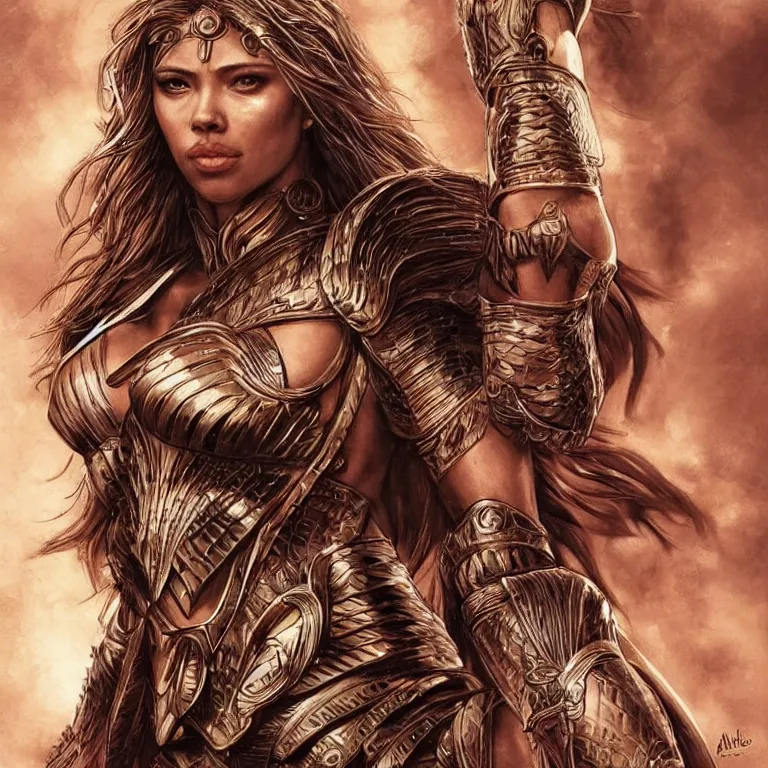 Prompt: scarlett johannson as an amazon warrior, a tall beautiful woman with brown skin and long hair, dressed in hellenistic body armor, intricate, elegant, highly detailed, smooth, sharp focus, detailed face, art by ardian syaf