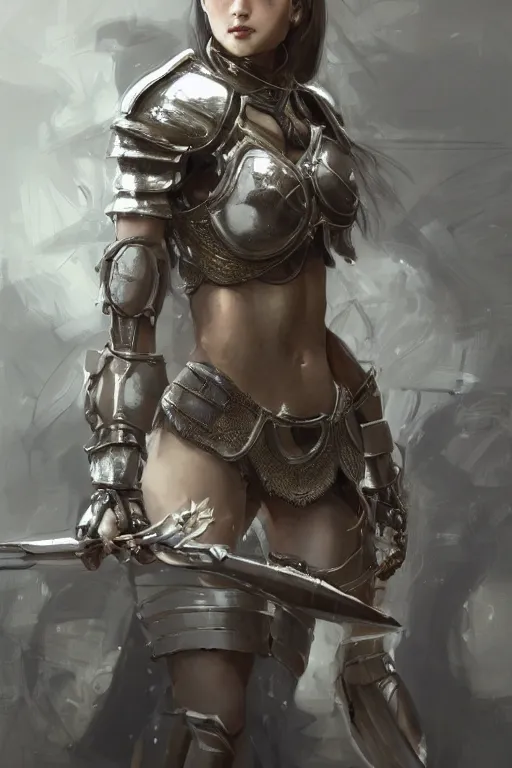 Image similar to a photorealistic painting of an attractive young girl, partially clothed in metal-plated battle armor, olive skin, long dark hair, beautiful bone structure, symmetrical face, perfect eyes, intricate, elegant, digital painting, concept art, illustration, sharp focus, minimal artifacts, from Metal Gear, in the style of Ruan Jia and Mandy Jurgens, by Greg Rutkowski, trending on Artstation, award winning