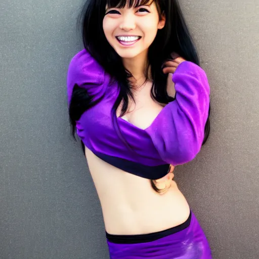 Image similar to coyly grinning anime babe with glossy black hair, abs, glowing purple eyes, and soft skin