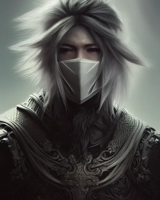 Prompt: male portrait, handsome, detailed white long hair, intricate assasin armor, hidden face mask, complex 3 d render by ilya kuvshinov, greg rutkowski, ross tran, ryohei hase, dramatic lighting, intricate, highly detailed, final fantasy, sharp focus, luminous, unreal engine 5 highly rendered, blender, deviant art, masterpiece, ray tracing