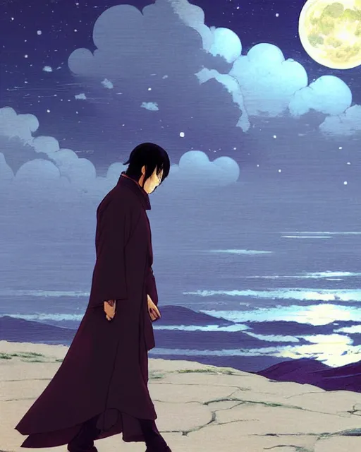 Image similar to a lonely poet ( li bai ) walks by the wide coast, night scene with moonlight on him, eva comic style, fine details. night setting. very anime style. realistic shaded lighting poster by ilya kuvshinov katsuhiro, magali villeneuve, artgerm, jeremy lipkin and michael garmash, rob rey and kentaro miura style, trending on art station