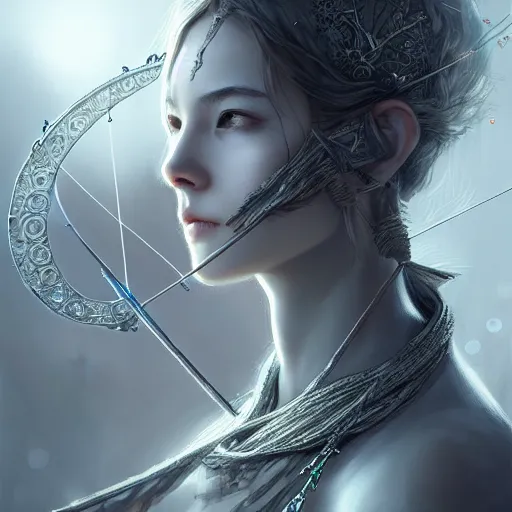 Image similar to beautiful extremely detailed intricate concept art depicting an archer by wlop. shining jewelry. grey atmosphere. particles in the background.