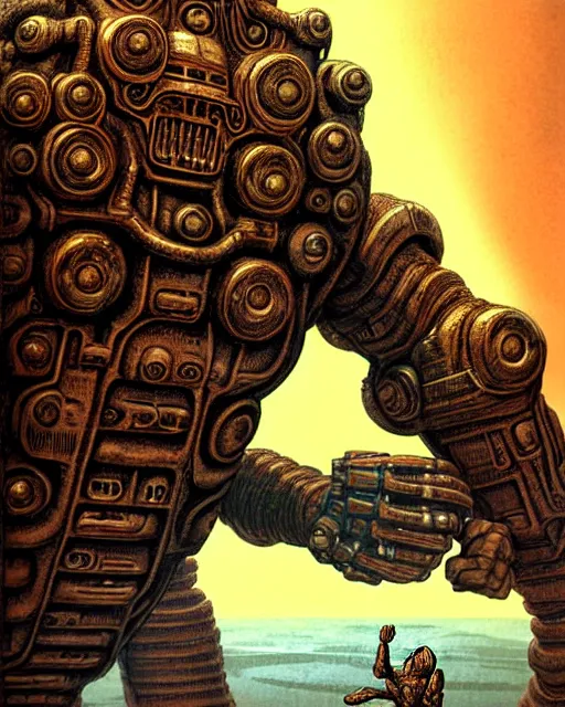 Prompt: portrait giant colossus humanoid with his fist up, brown armor, background ancient alien landscape, low angle, close up, concept art, intricate details, highly detailed, vintage sci - fi poster, retro future, vintage sci - fi art, in the style of chris foss, rodger dean, moebius, michael whelan, and gustave dore