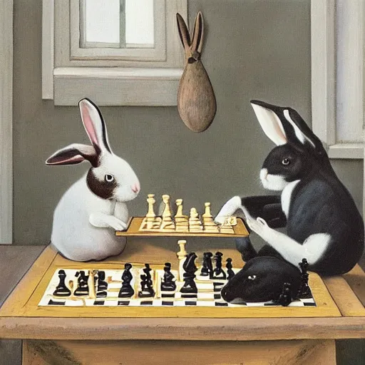 Prompt: two rabbits playing chess, in the style of fanny brate