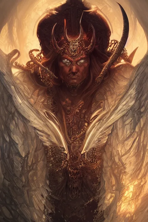 Image similar to ultra realistic illustration, asmodeus from diablo and baldurs gate, intricate, elegant, highly detailed, digital painting, artstation, concept art, smooth, sharp focus, illustration, art by artgerm and greg rutkowski and alphonse mucha