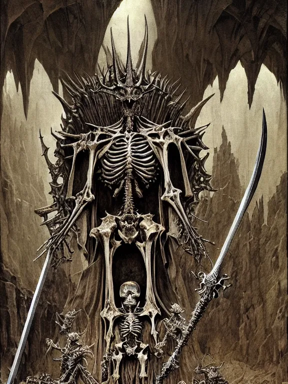 Prompt: A spiked horned semiork-semihuman skeleton with armored joints stands in a cavernous throne room with sword in hand. Massive shoulderplates. Extremely high detail, realistic, fantasy art, solo, masterpiece, bones, ripped flesh, saturated colors, art by Zdzisław Beksiński, Arthur Rackham, Dariusz Zawadzki