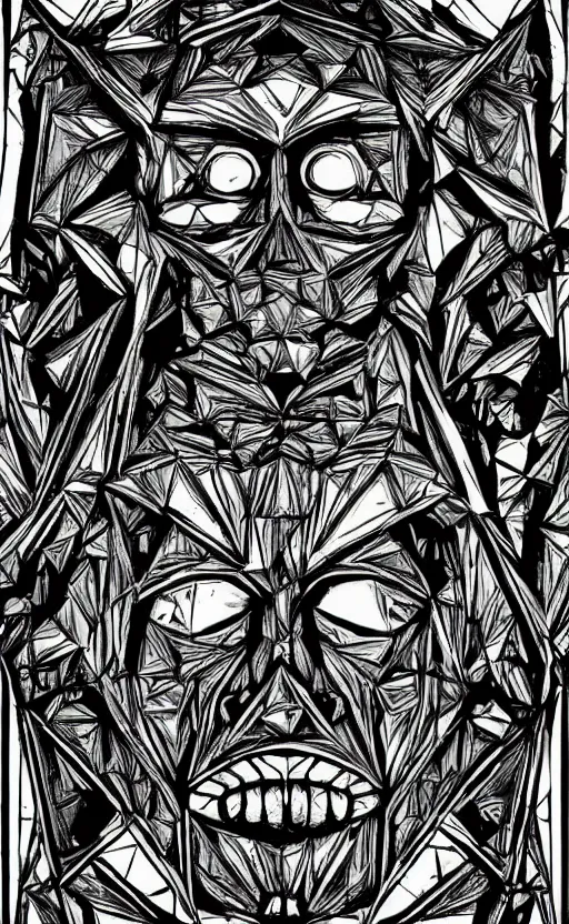 Image similar to a face made of black cast iron on a black background. gothic baroque. low poly. symmetry. epic. ominous shapes. hyper detailed.