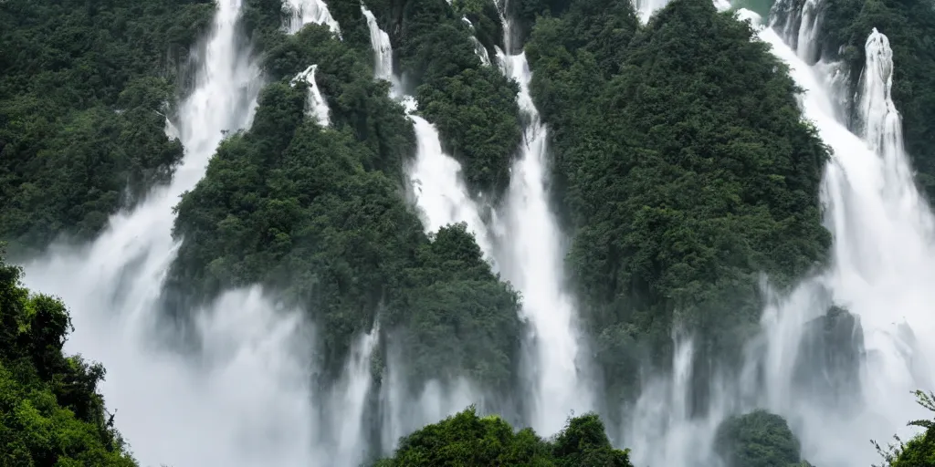 Image similar to Cloudy peaks in southern China with a waterfall, the style of National Geographic magazine
