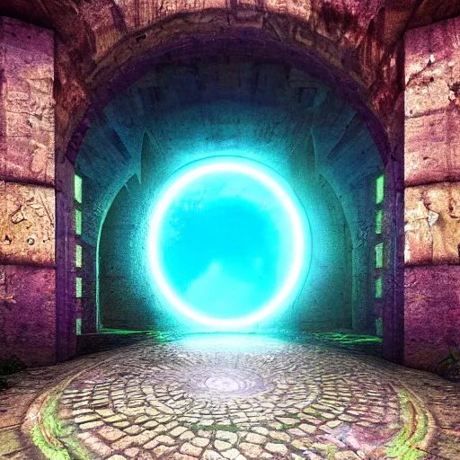 Image similar to a portal in the floor, ancient ruins, epic retrowave art, trending on art station