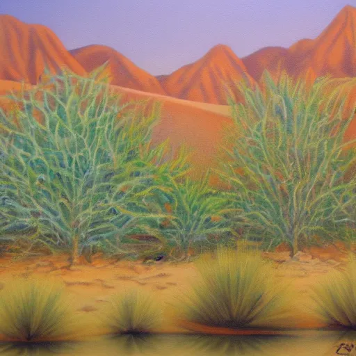 Image similar to Desert oasis Oil on canvas, detailed