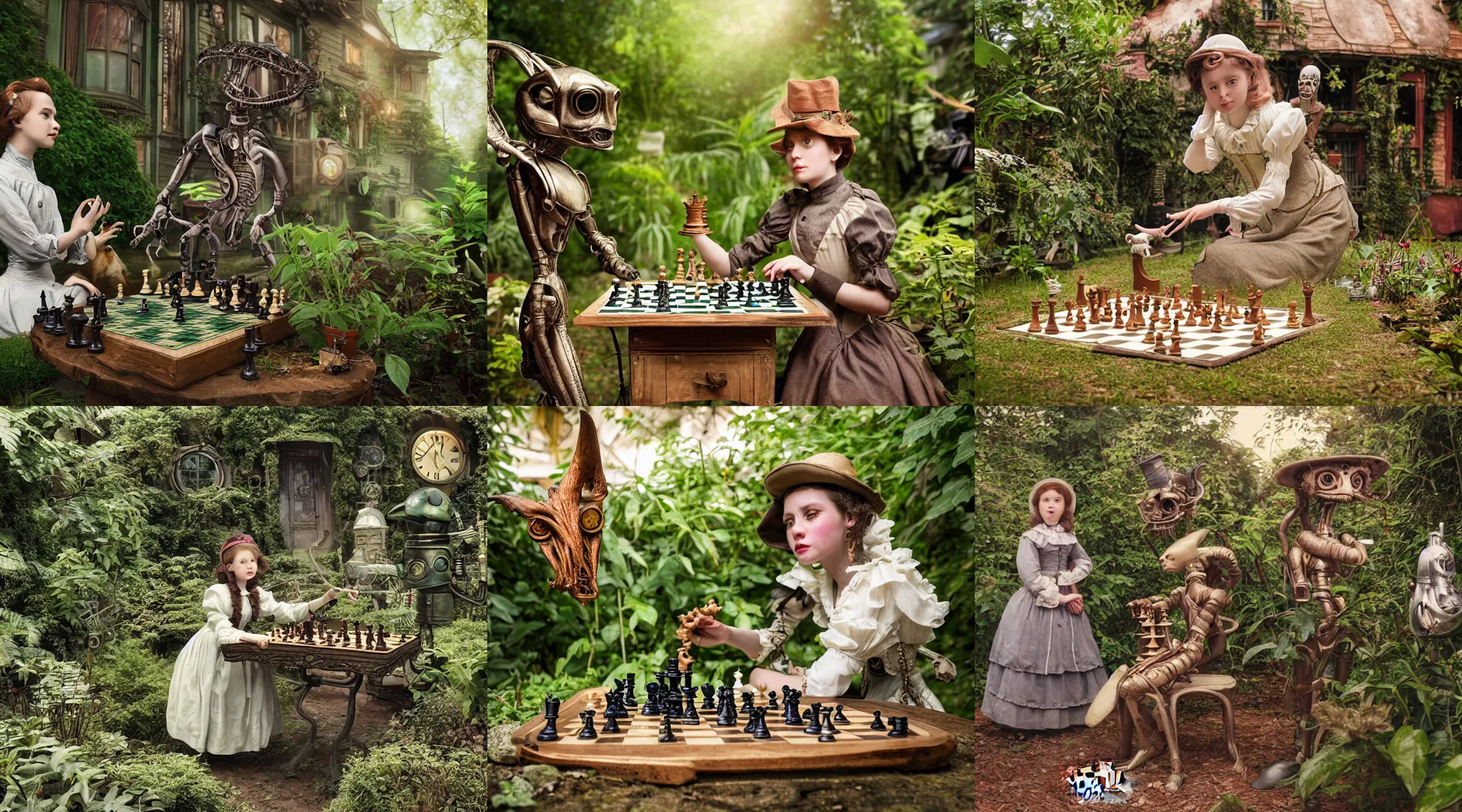Prompt: detailed, sharp, a girl playing chess with her cute pet humanoid alien creature, wearing 1890s era clothes, in the garden of a house on an alien planet with alien plants, extremely highly detailed, steampunk, in focus faces, 70 mm film still from a period sci fi color movie, 4k, HD, cinematic lighting