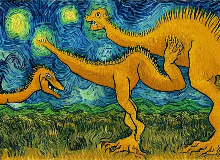 Image similar to many dinosaurs separated painting by van gogh